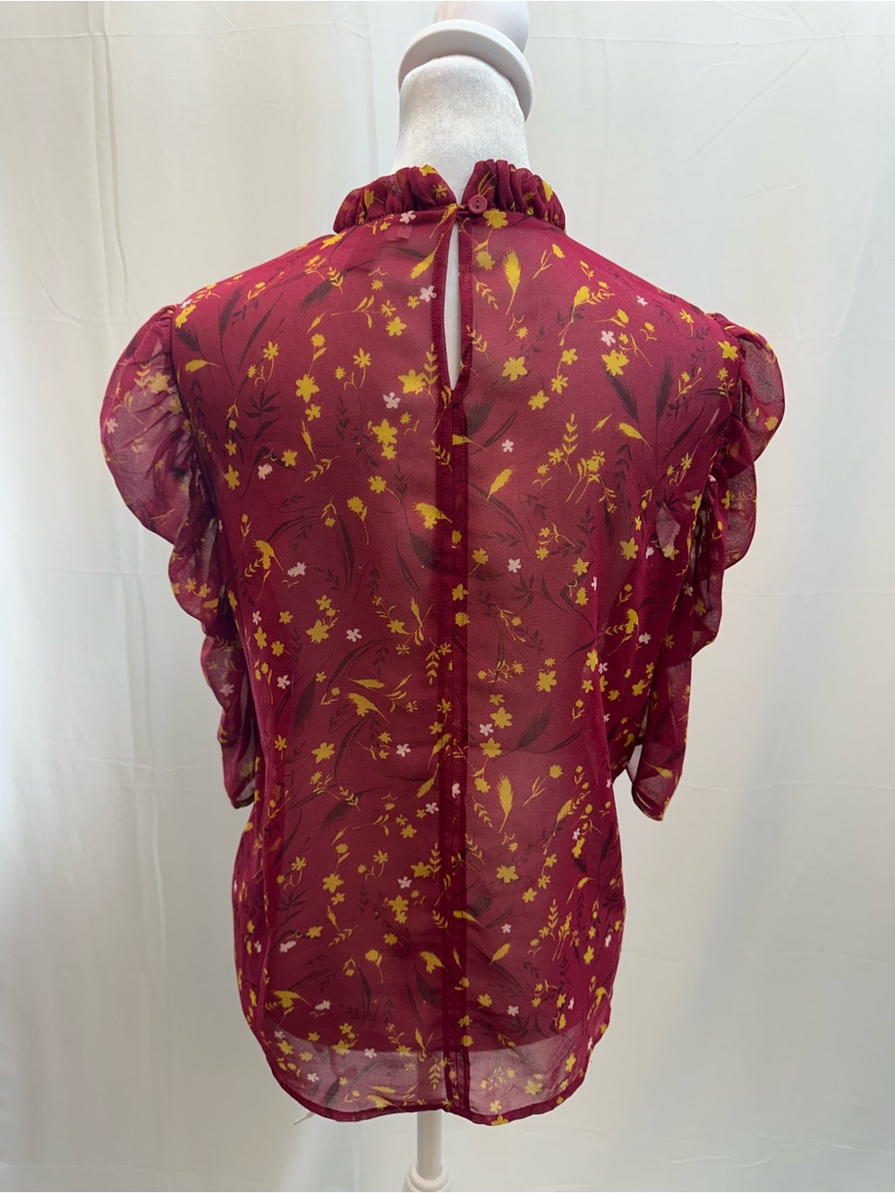 Chelsea28 Burgundy Floral Pintuck Ruffled Sheer Blouse S - Picture 4 of 4